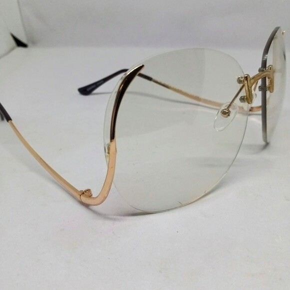 Oversized Drop Arm Rimless Fashion Glasses-Clear Lens-Low Temple-Swoop - Picture 6 of 8